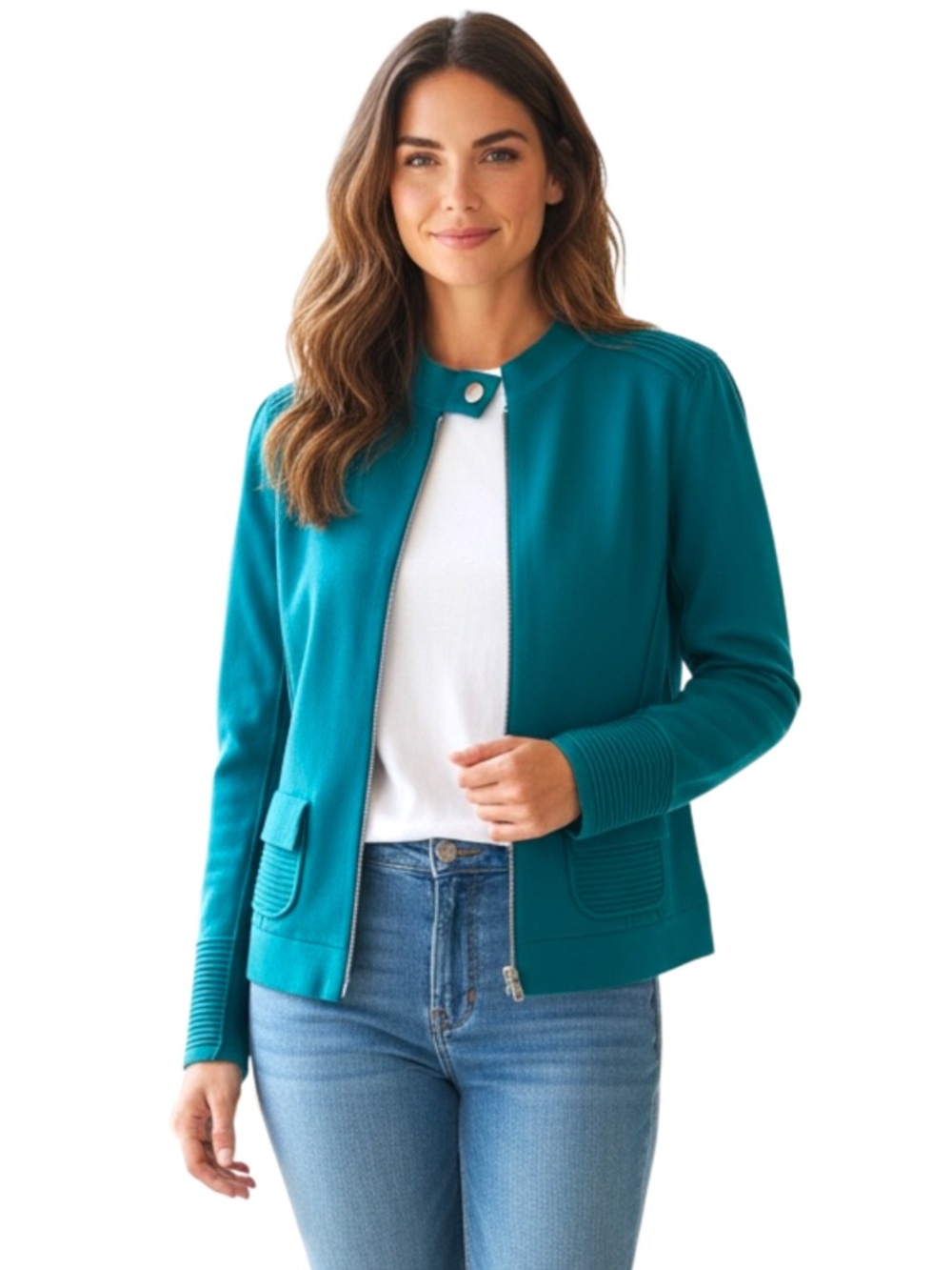 Nanette Lepore Teal Green Cotton Fine Knit Zip Front Cardigan (M)